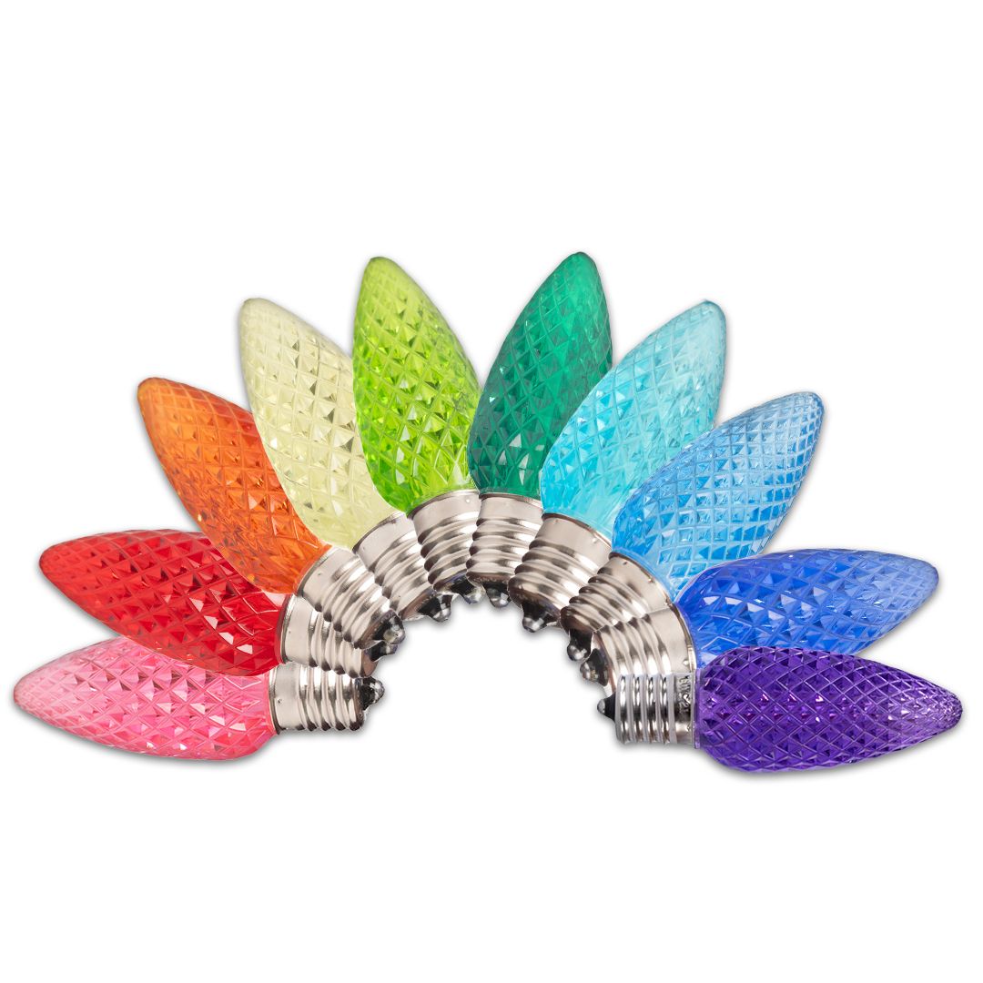 C9 bulbs in pink, red, orange, sun warm white, lime, green, cool white, teal, blue, and purple